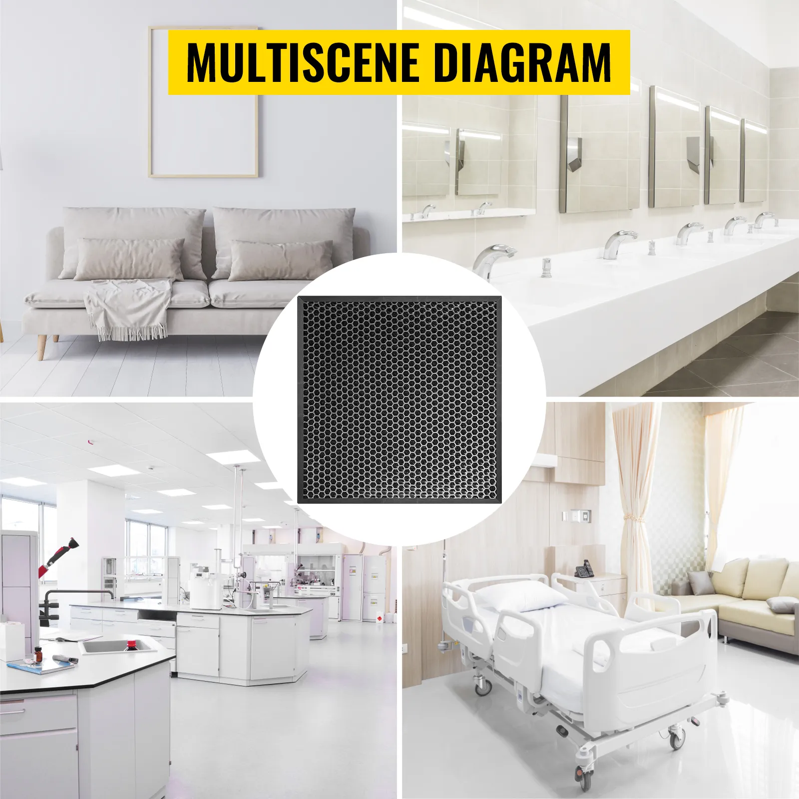 VEVOR hepa filter for home, restroom, lab, and hospital settings.