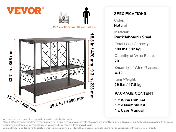 Mobile bar per vino VEVOR, 85x100x39,4 cm, contiene 20 bottiglie, 8-12 bicchieri, truciolare/acciaio.