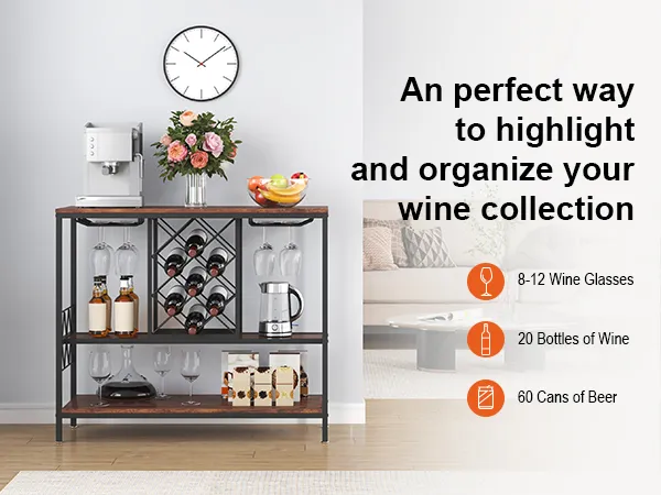 Mobile bar per il vino VEVOR nel soggiorno, arredato con bottiglie, bicchieri, fiori e decorazioni.