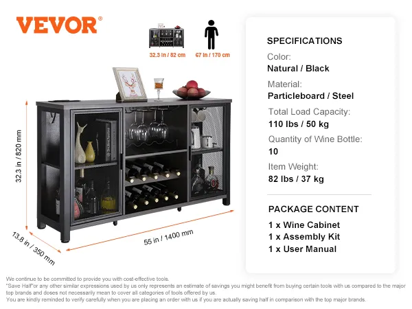 VEVOR industrial bar cabinet with natural/black finish, holds 10 wine bottles, particleboard/steel construction.