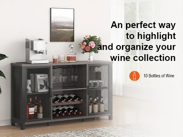 VEVOR industrial bar cabinet showcasing wine storage, glasses, a coffee maker, and decorative items by a window.