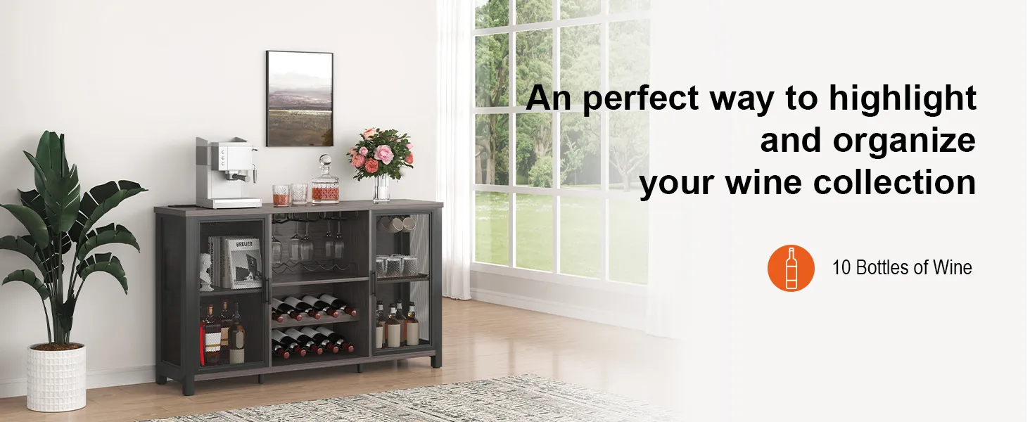 VEVOR industrial bar cabinet showcasing wine storage, glasses, a coffee maker, and decorative items by a window.