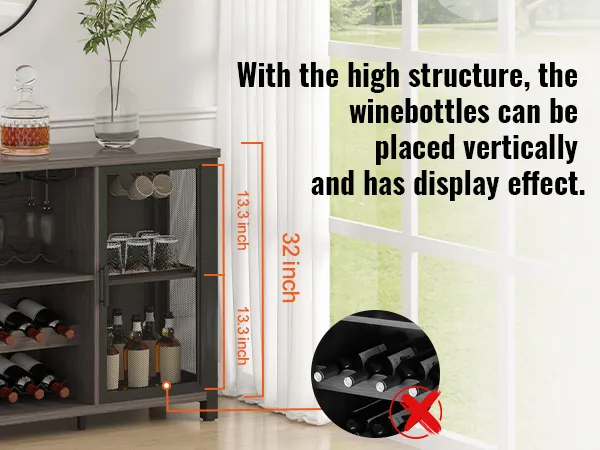 VEVOR industrial bar cabinet showcasing wine storage, glass holders, and measurements against white curtains.