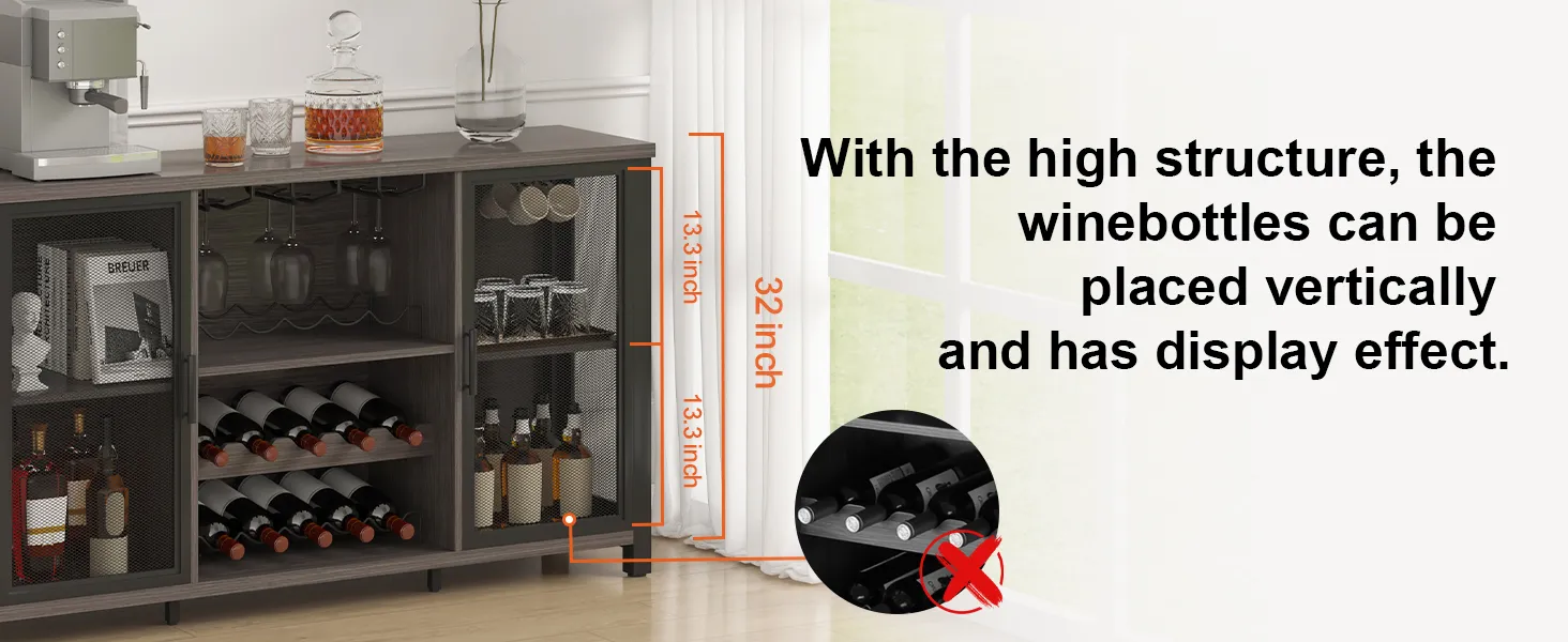 VEVOR industrial bar cabinet showcasing wine storage, glass holders, and measurements against white curtains.
