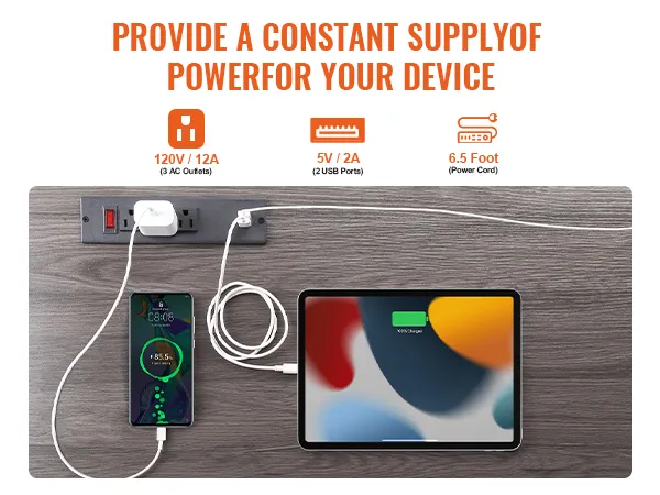 charging station with 3 ac outlets, 2 usb ports, and 6.5-foot power cord for VEVOR industrial bar cabinet.