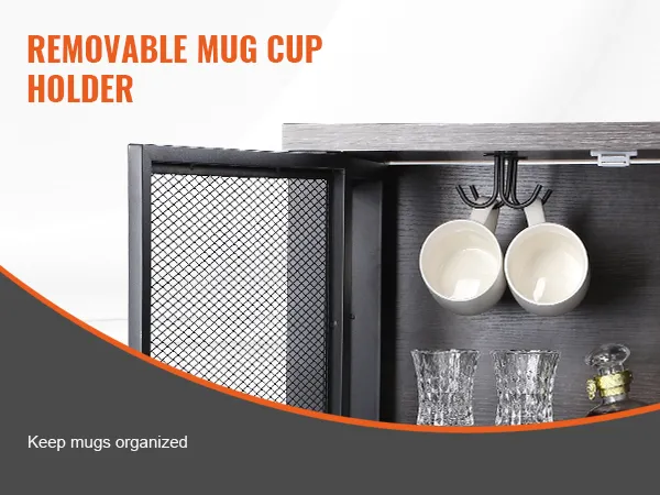 removable mug holder in black VEVOR industrial bar cabinet with white mugs and glassware. keep mugs organized.