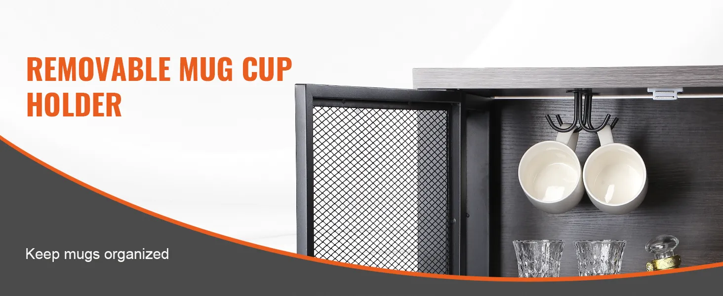 removable mug holder in black VEVOR industrial bar cabinet with white mugs and glassware. keep mugs organized.