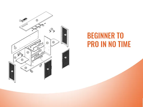 exploded parts diagram of a VEVOR industrial bar cabinet assembly with "beginner to pro in no time" text.
