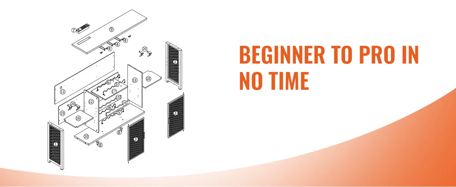 exploded parts diagram of a VEVOR industrial bar cabinet assembly with "beginner to pro in no time" text.