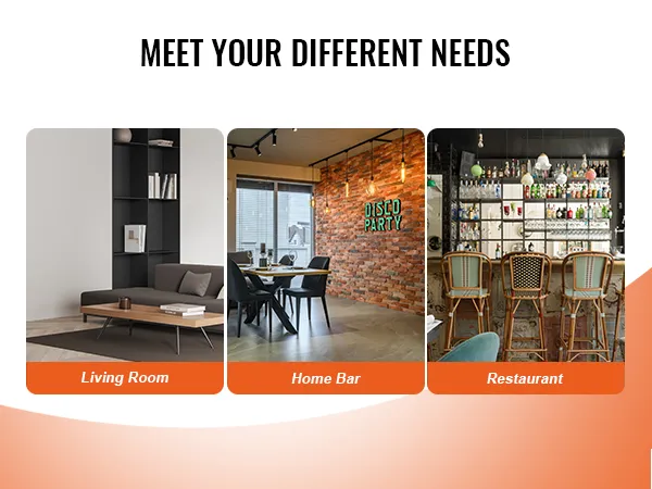 living room, home bar, and restaurant setups highlighting VEVOR industrial bar cabinet versatility.
