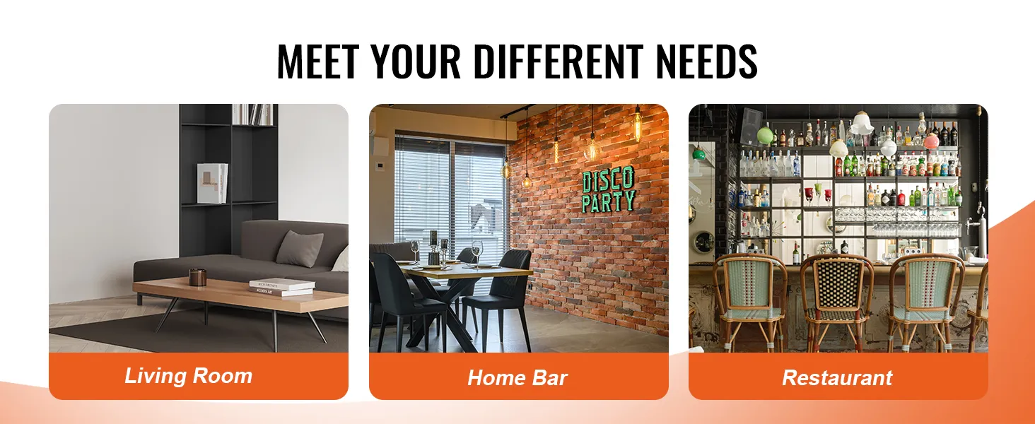 living room, home bar, and restaurant setups highlighting VEVOR industrial bar cabinet versatility.