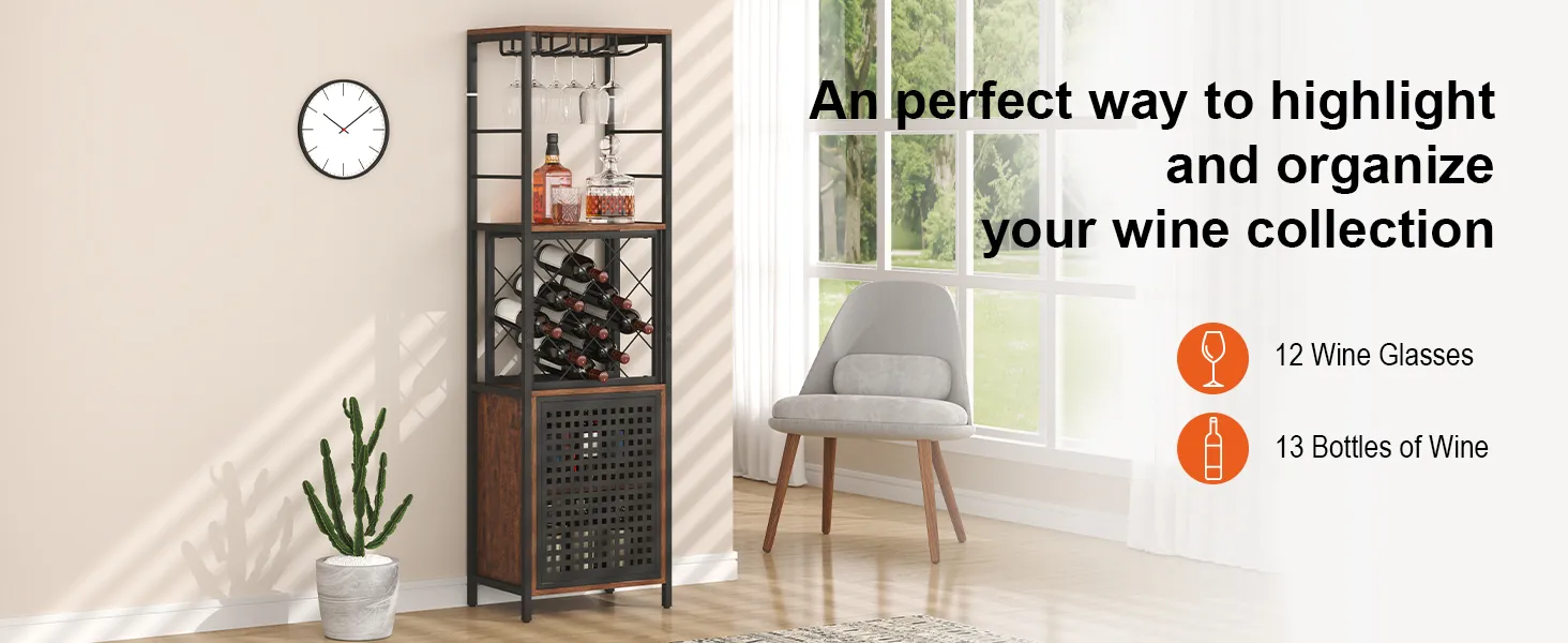 VEVOR industrial bar cabinet in a cozy room with wine storage for 12 glasses and 13 bottles, next to a chair.