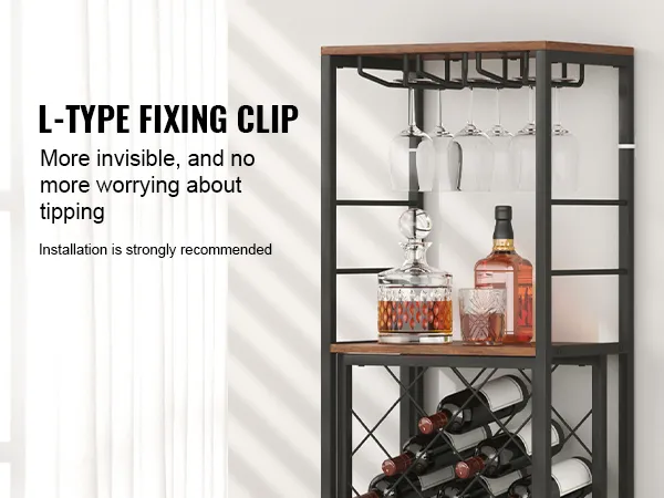 VEVOR industrial bar cabinet with l-type fixing clip, holding wine glasses and liquor bottles.