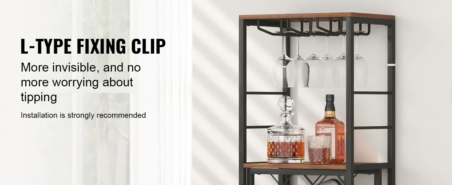 VEVOR industrial bar cabinet with l-type fixing clip, holding wine glasses and liquor bottles.