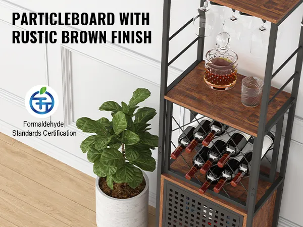 VEVOR industrial bar cabinet with rustic particleboard finish and formaldehyde standards certification.