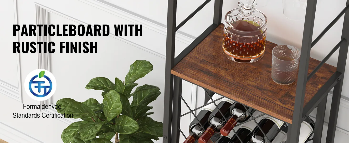 VEVOR industrial bar cabinet with rustic particleboard finish and formaldehyde standards certification.