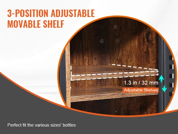 3-position adjustable shelves in a VEVOR industrial bar cabinet for various bottle sizes.