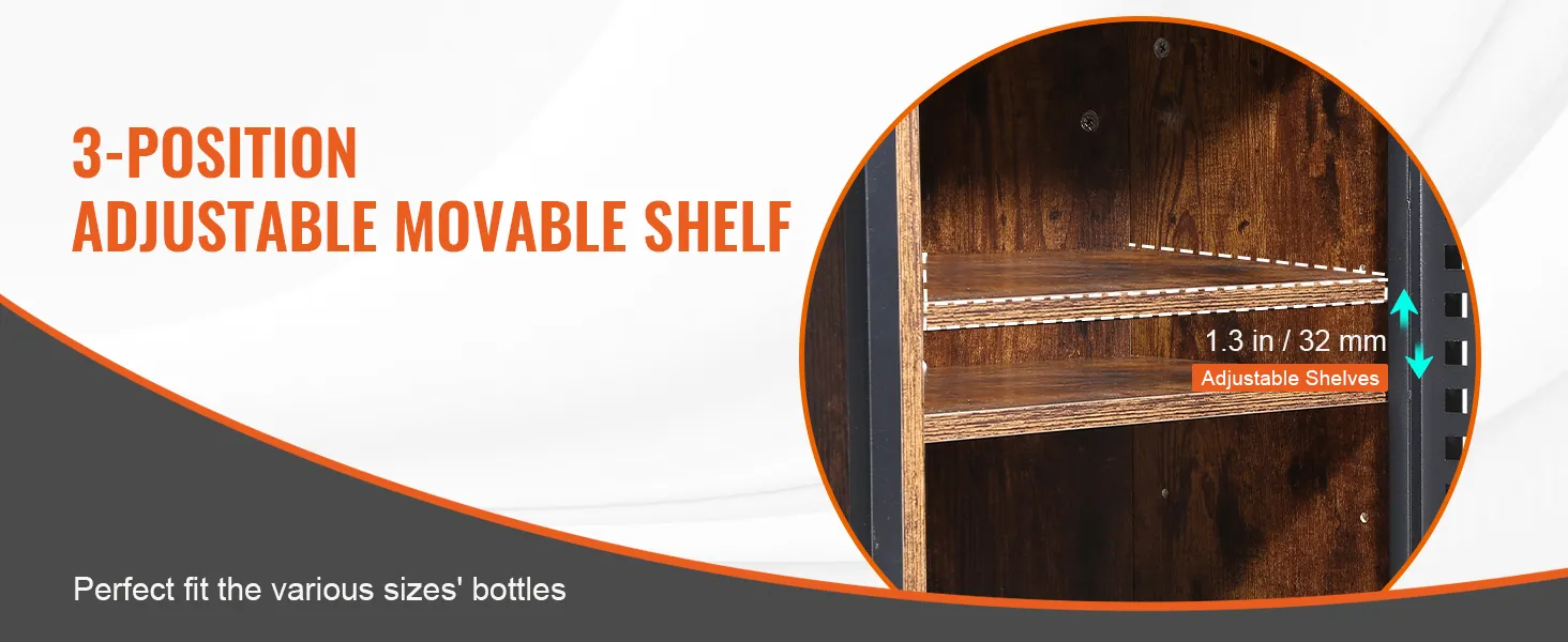 3-position adjustable shelves in a VEVOR industrial bar cabinet for various bottle sizes.