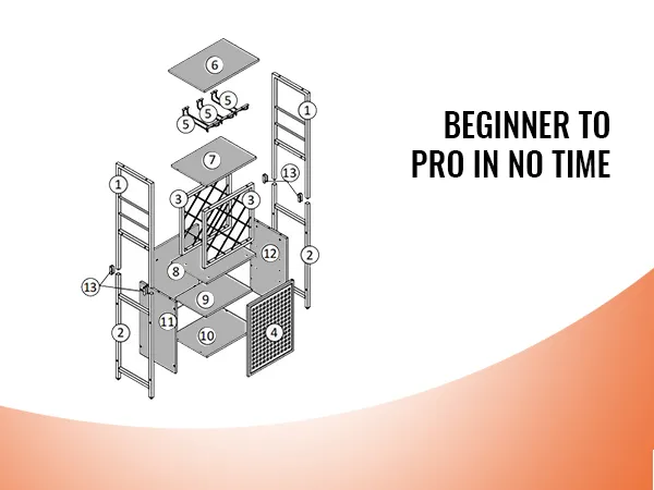VEVOR industrial bar cabinet assembly diagram with labeled parts and the text "beginner to pro in no time".