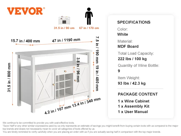 VEVOR industrial bar cabinet details and dimensions with package contkitsent and specifications. white mdf board.