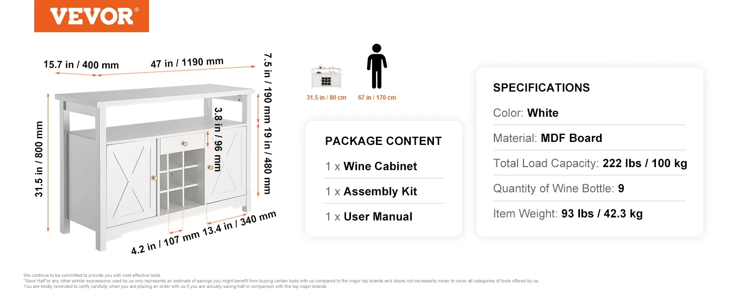 VEVOR industrial bar cabinet details and dimensions with package contkitsent and specifications. white mdf board.