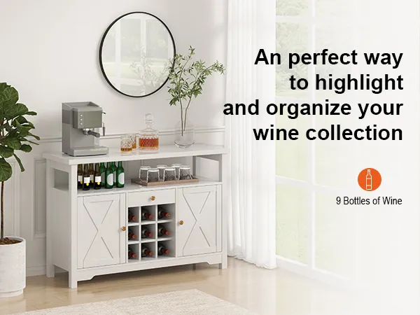 VEVOR industrial bar cabinet with wine rack and glass shelf next to a plant in a bright room.