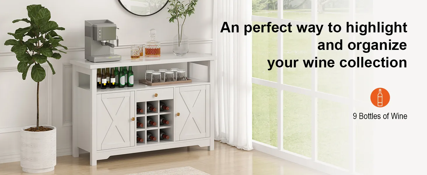 VEVOR industrial bar cabinet with wine rack and glass shelf next to a plant in a bright room.