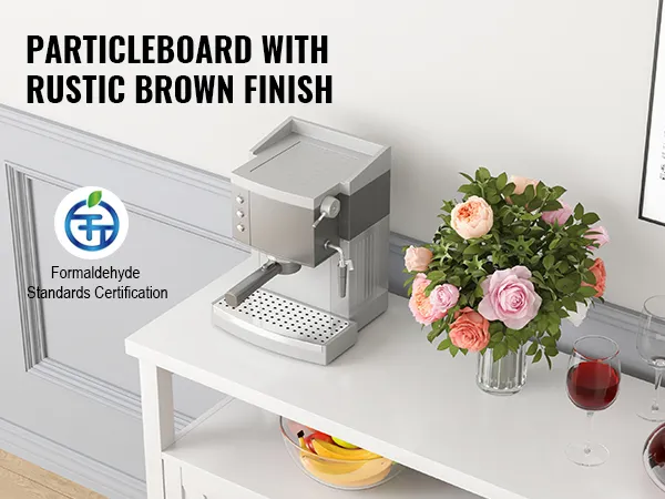 mdf board with rustic finish, espresso machine, flowers, wine glasses, and VEVOR industrial bar cabinet.