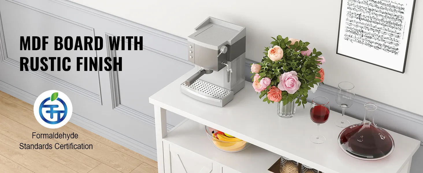 mdf board with rustic finish, espresso machine, flowers, wine glasses, and VEVOR industrial bar cabinet.