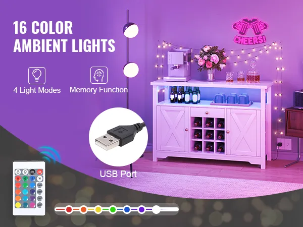 VEVOR industrial bar cabinet with 16-color ambient lights, usb port, and storage space for bottles and glasses.