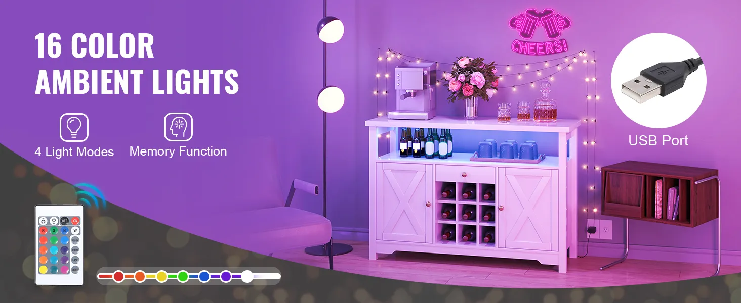VEVOR industrial bar cabinet with 16-color ambient lights, usb port, and storage space for bottles and glasses.