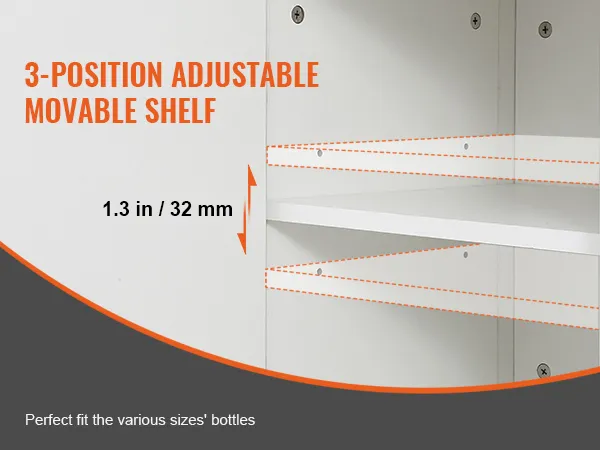 3-position adjustable shelf in VEVOR industrial bar cabinet for perfect bottle fit, 1.3 in / 32 mm spacing.
