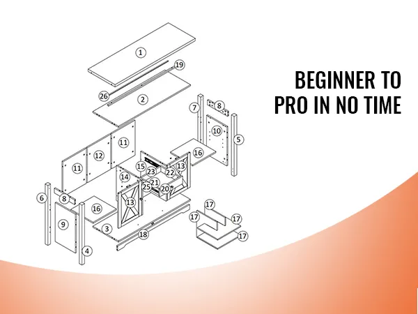 exploded view diagram of VEVOR industrial bar cabinet parts with "beginner to pro in no time" text.