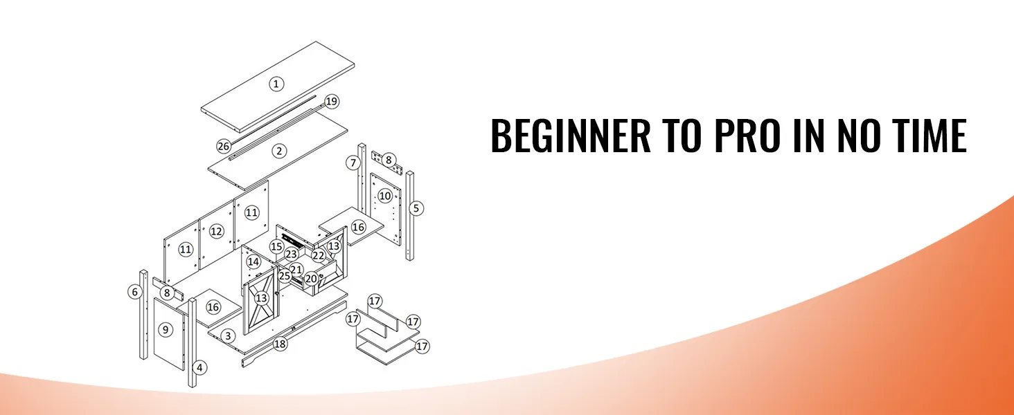 exploded view diagram of VEVOR industrial bar cabinet parts with "beginner to pro in no time" text.