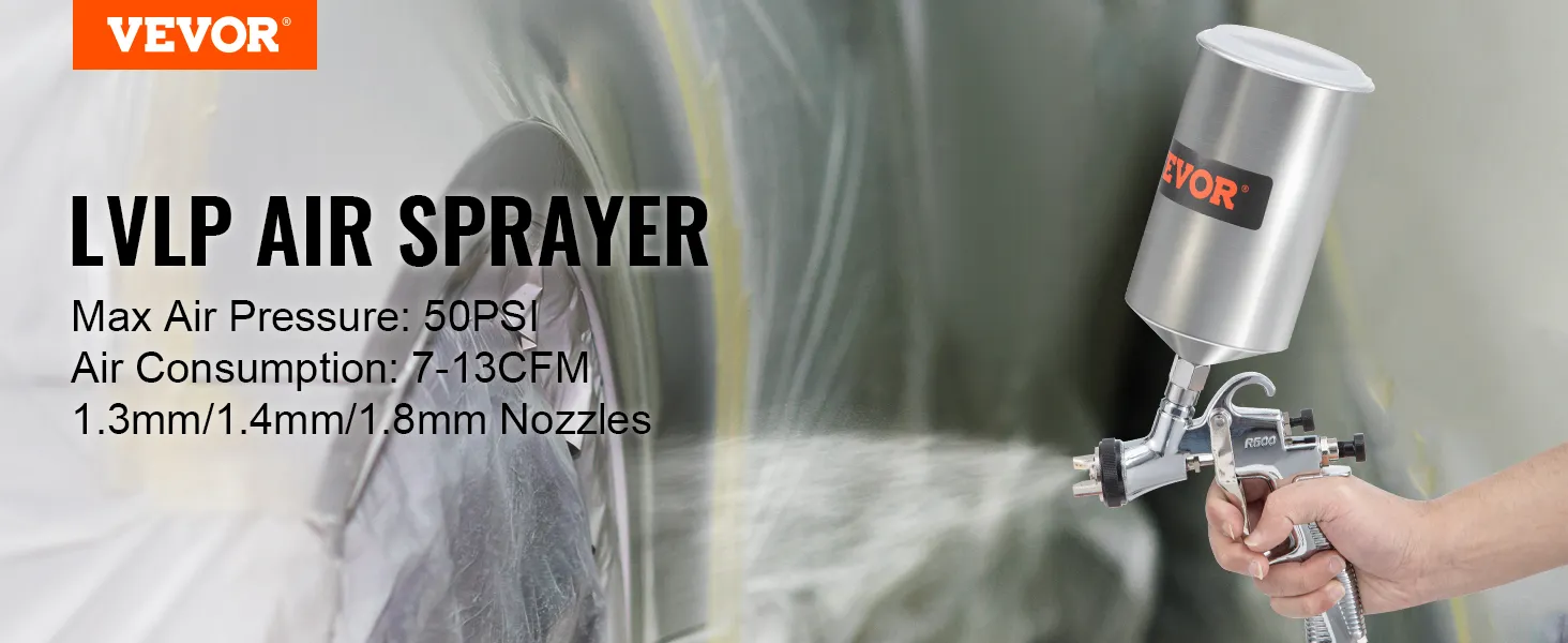 Pistola pulverizadora de aire VEVOR lvlp con 50 psi, consumo de aire de 7-13 cfm, boquillas de 1,3 mm/1,4 mm/1,8 mm.