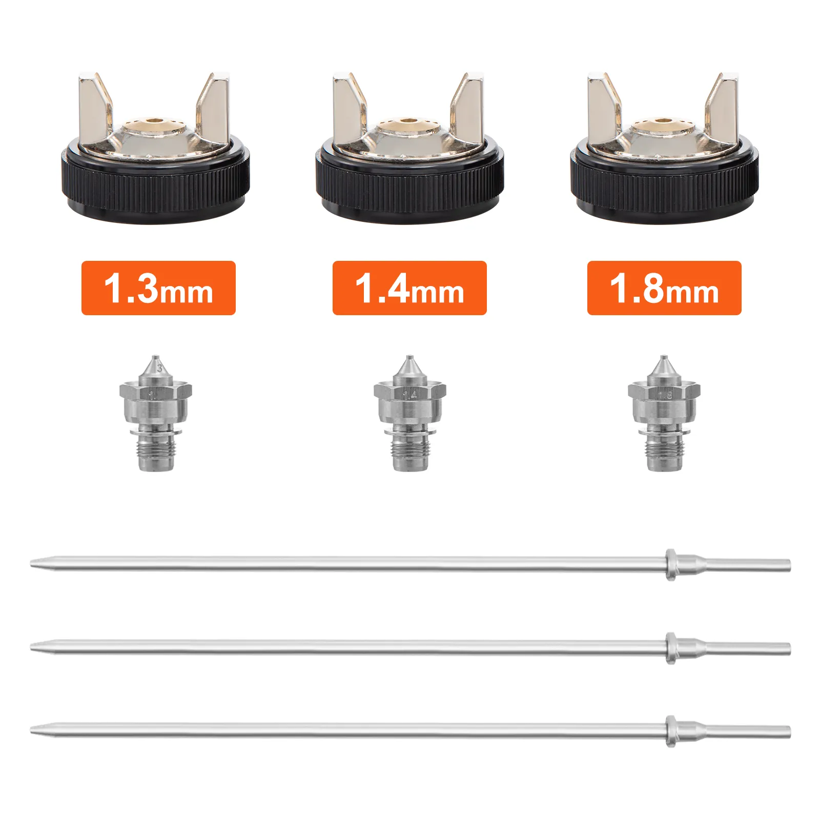 Se muestran boquillas, tapas y agujas para pistola pulverizadora de aire VEVOR lvlp en tamaños de 1,3 mm, 1,4 mm y 1,8 mm.