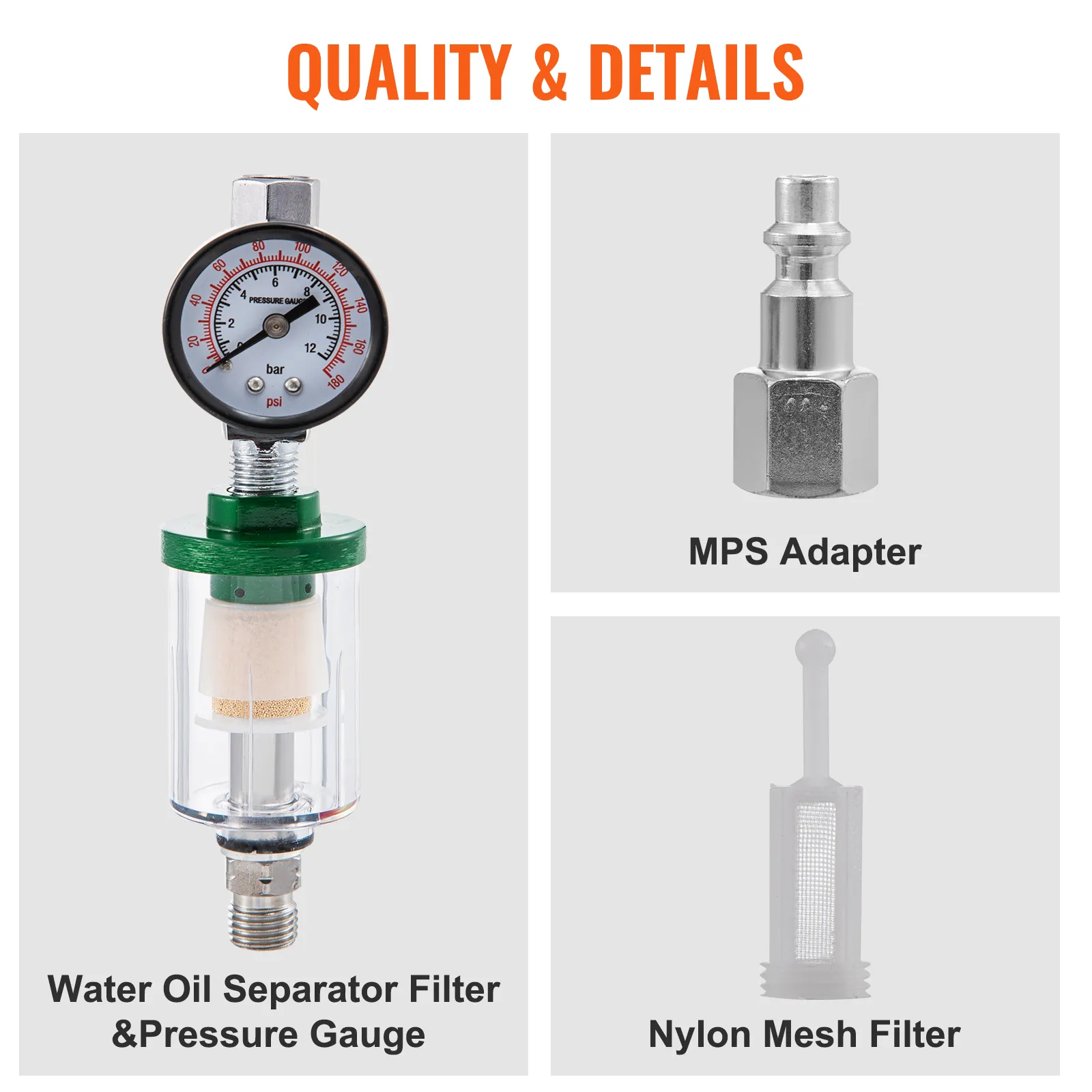 Componentes de la pistola pulverizadora de aire VEVOR lvlp: manómetro, separador de aceite y agua, adaptador mps, filtro de malla de nailon.