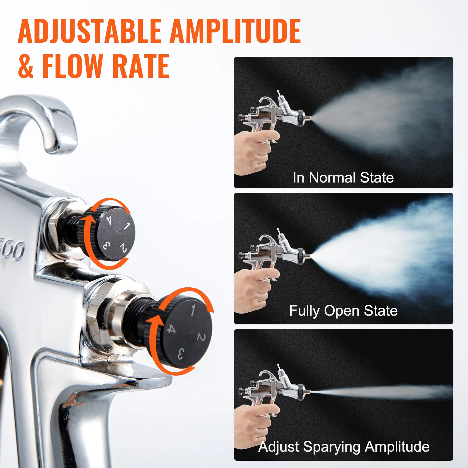 Amplitud y caudal ajustables de la pistola pulverizadora de aire VEVOR lvlp con tres configuraciones de pulverización mostradas.