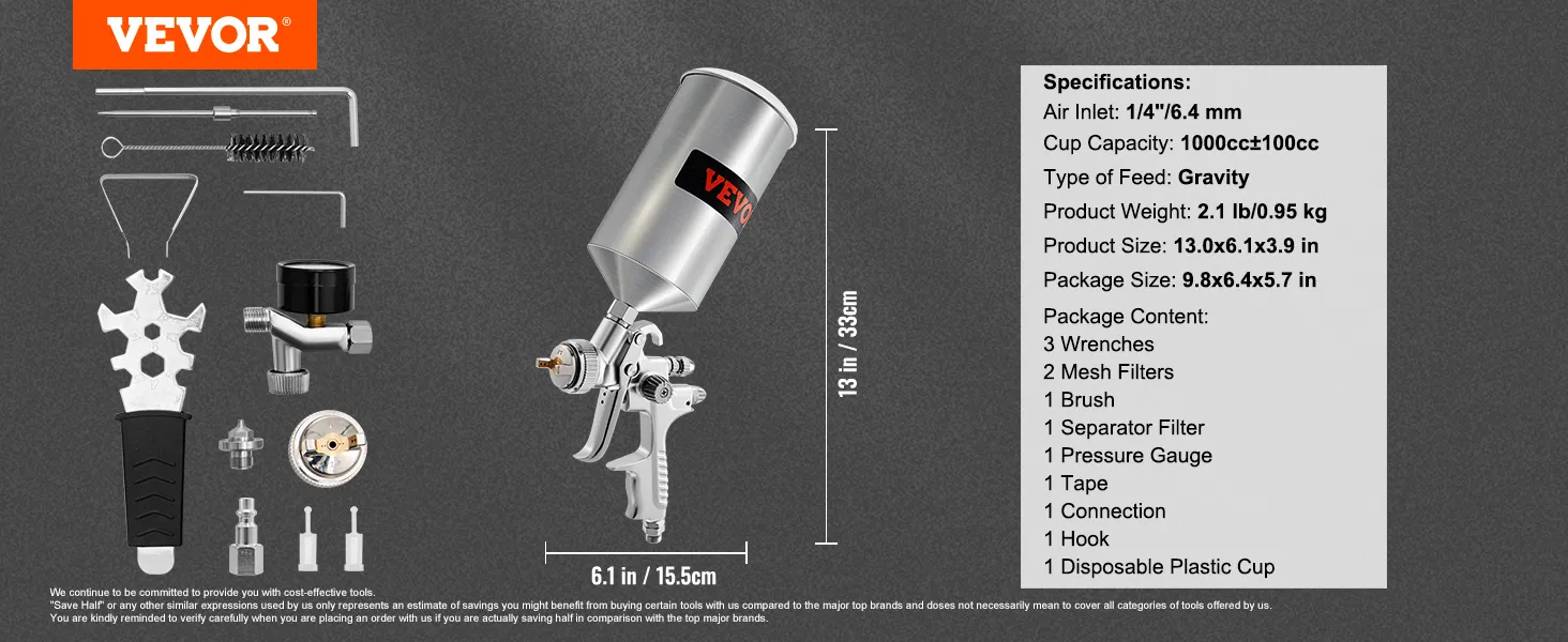 Pistola pulverizadora de pintura para automóviles VEVOR con accesorios, que incluyen llaves, filtros de malla, cepillo y separador.