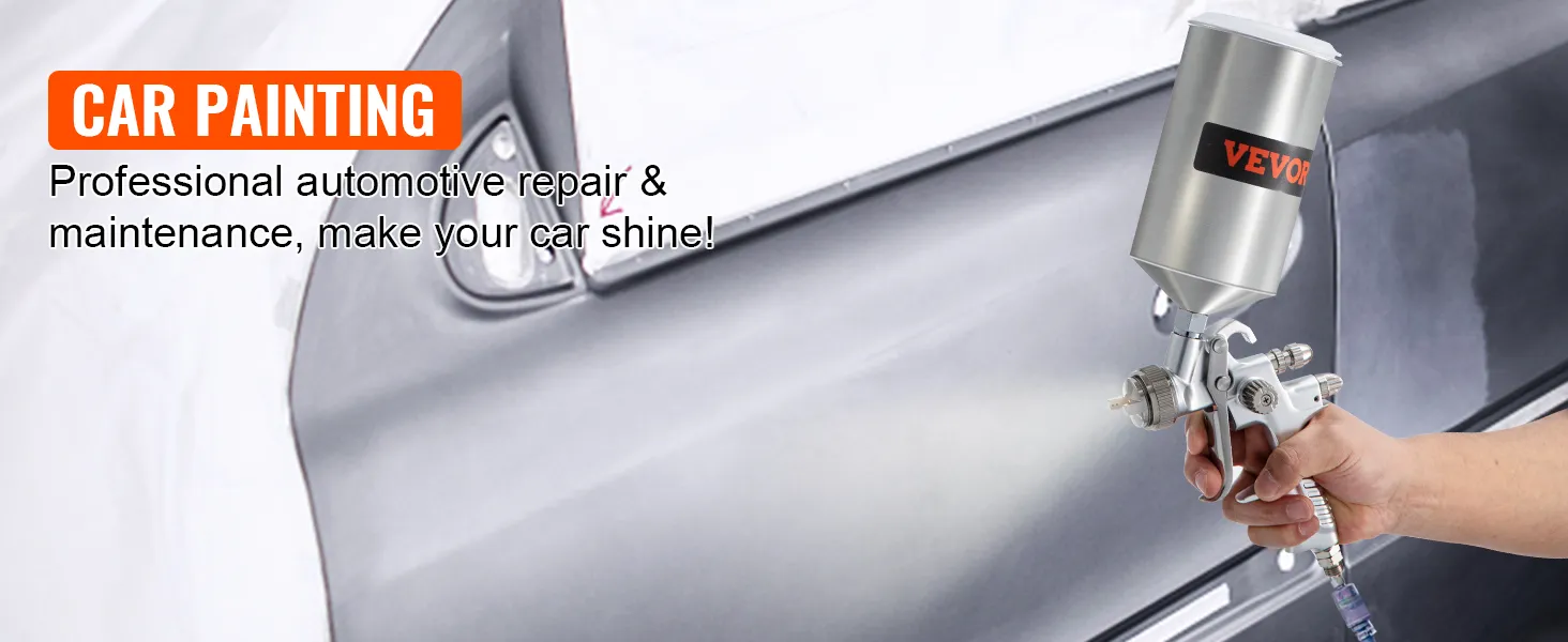 Pintura de automóviles con una pistola pulverizadora de pintura para automóviles VEVOR, que muestra reparación y mantenimiento automotriz profesional.