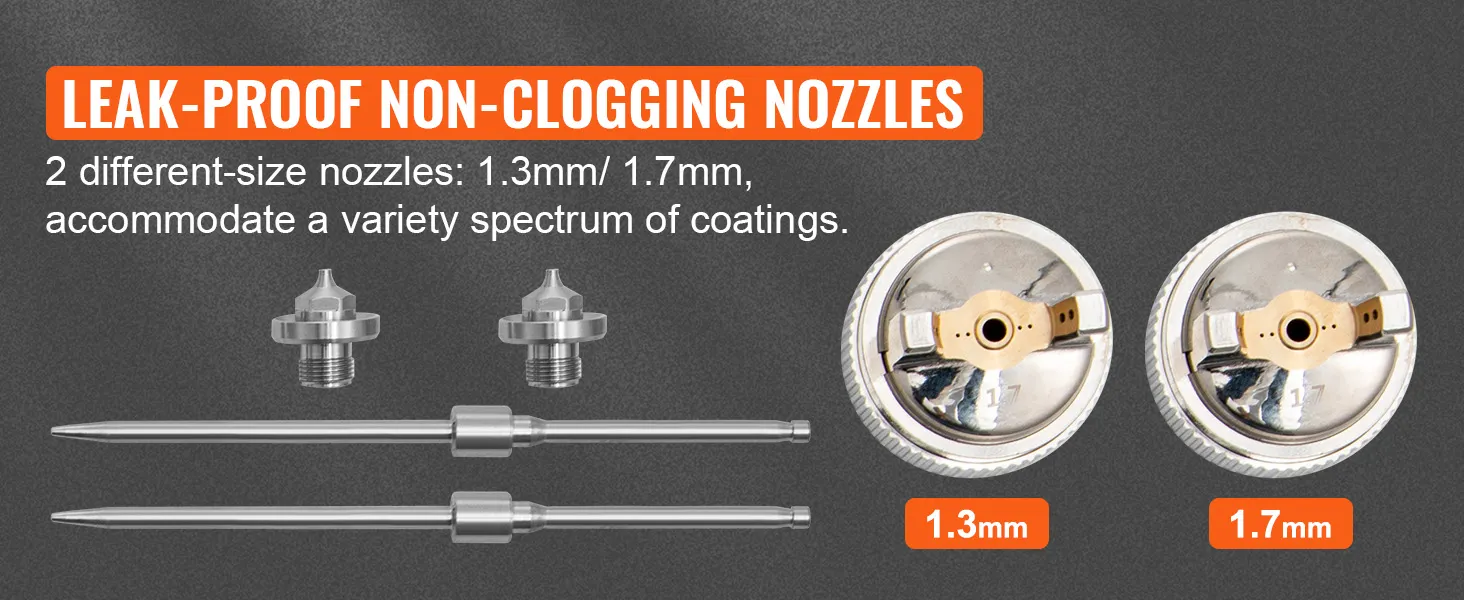 Boquillas a prueba de fugas para pistola pulverizadora de pintura para automóviles VEVOR, de 1,3 mm y 1,7 mm, para diversos recubrimientos.