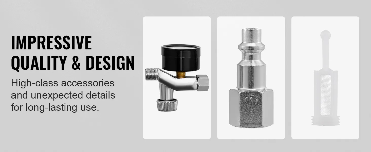 Accesorios para pistola pulverizadora de pintura para automóviles VEVOR, que incluyen un medidor, un conector y un filtro para un uso duradero.