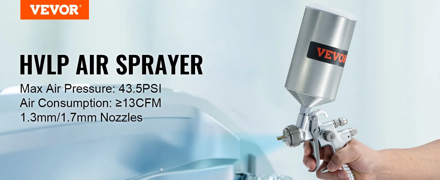 Pistola pulverizadora de pintura para automóviles VEVOR en uso con especificaciones: 43,5 psi, ≥13cfm, boquillas de 1,3 mm/1,7 mm.