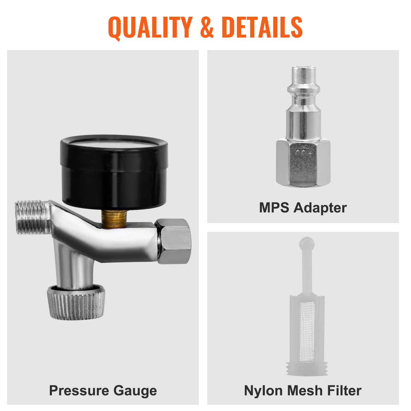Manómetro, adaptador mps y filtro de malla de nailon para pistola pulverizadora de pintura automática VEVOR en "calidad y detalles".