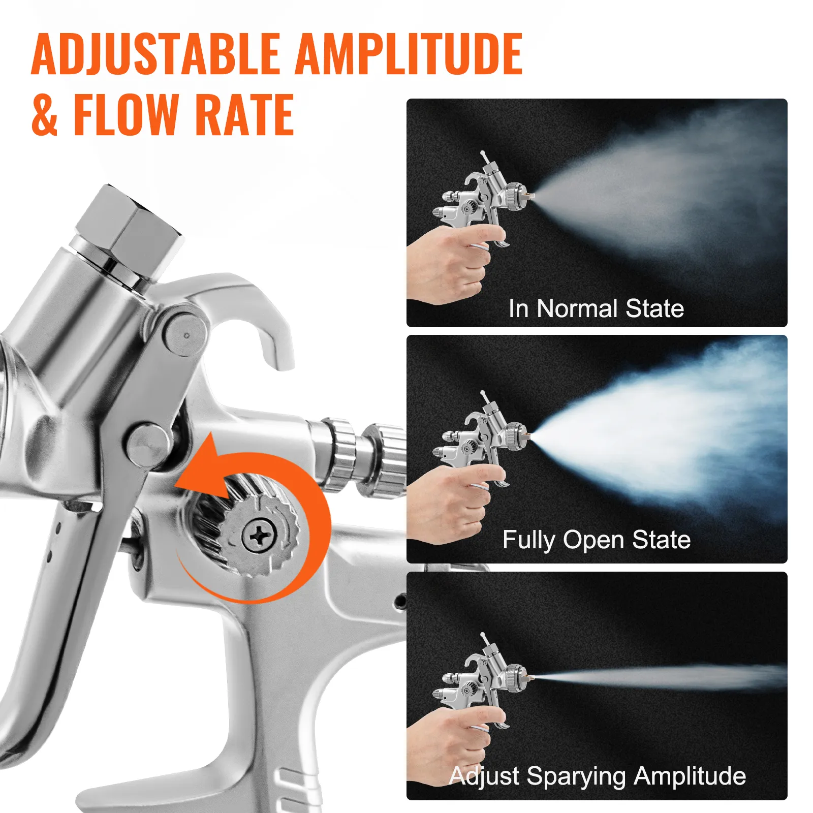 Pistola pulverizadora de pintura para automóviles VEVOR que presenta amplitud y caudal ajustables con tres patrones de pulverización.