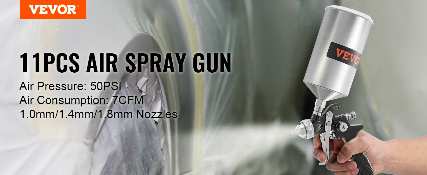 Juego de pistola pulverizadora VEVOR con 11 piezas de pistola pulverizadora de aire, 50 psi, 7 cfm, boquillas de 1,0 mm/1,4 mm/1,8 mm.