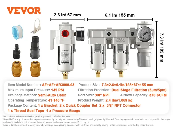 VEVOR air compressor filter with dual stage filtration, semi-auto drain, and included accessories.