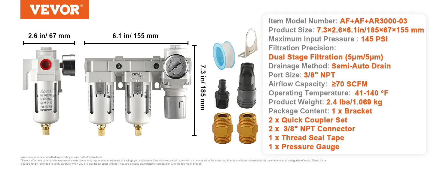 VEVOR air compressor filter with dual stage filtration, semi-auto drain, and included accessories.