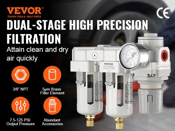 VEVOR air compressor filter with dual-stage precision filtration, 3/8" npt, and 5μm brass filter element.