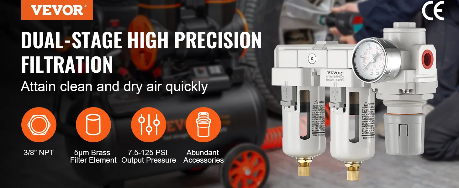 VEVOR air compressor filter with dual-stage precision filtration, 3/8" npt, and 5μm brass filter element.